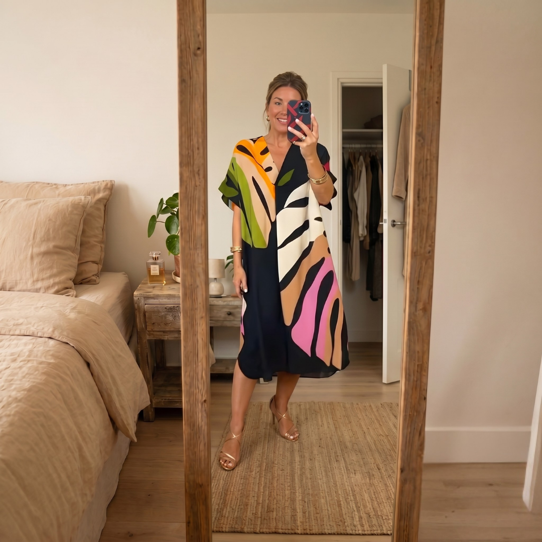 Rose - Casual Dress with Colorful Leaf Print