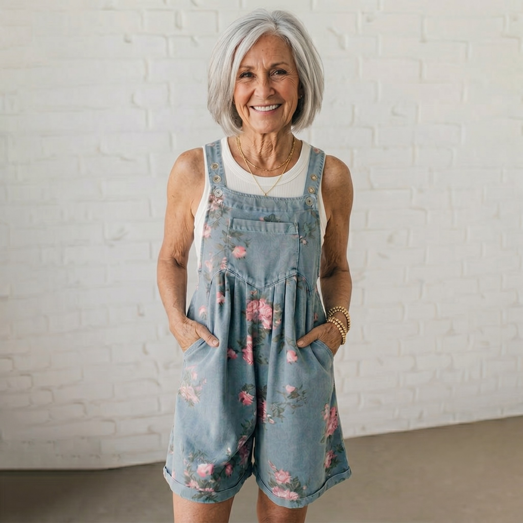 Emily-Vintage Floral Printed Denim Jumpsuit