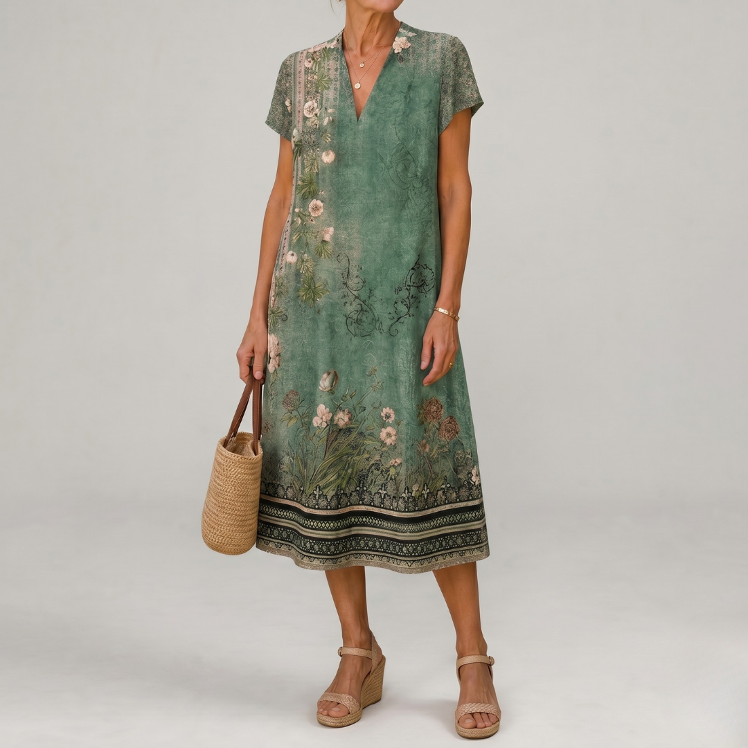 Earling | Floral Collared Short Sleeve Midi Dress