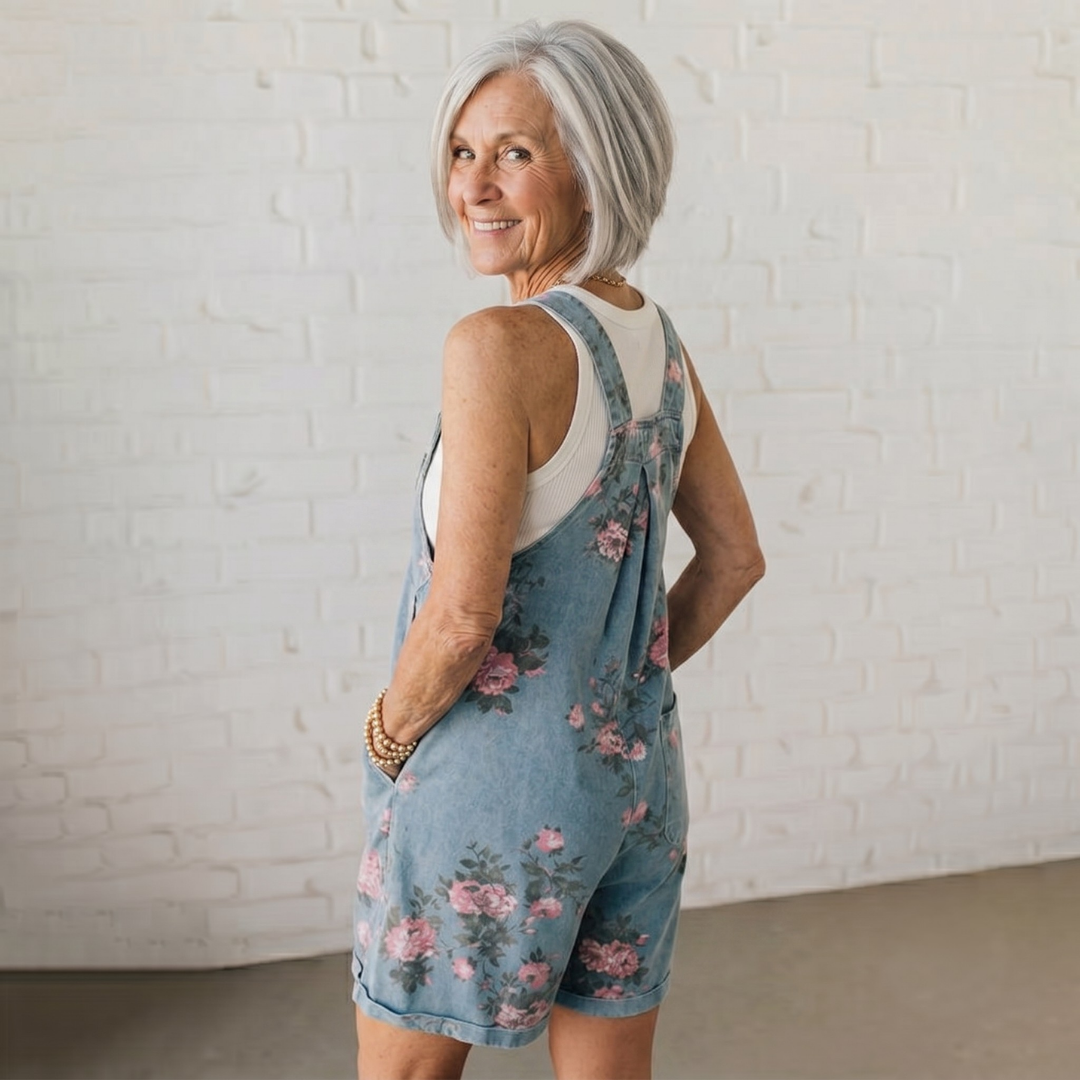 Emily-Vintage Floral Printed Denim Jumpsuit