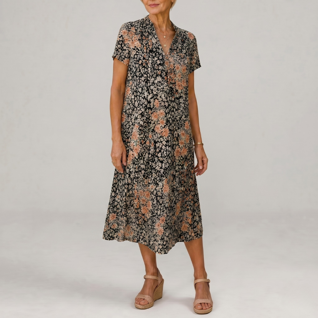 Earling | Floral Collared Short Sleeve Midi Dress