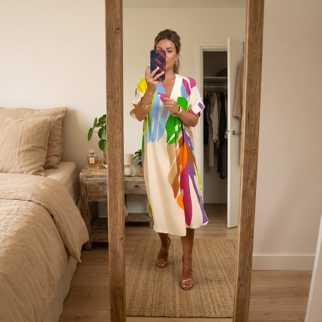 Rose - Casual Dress with Colorful Leaf Print
