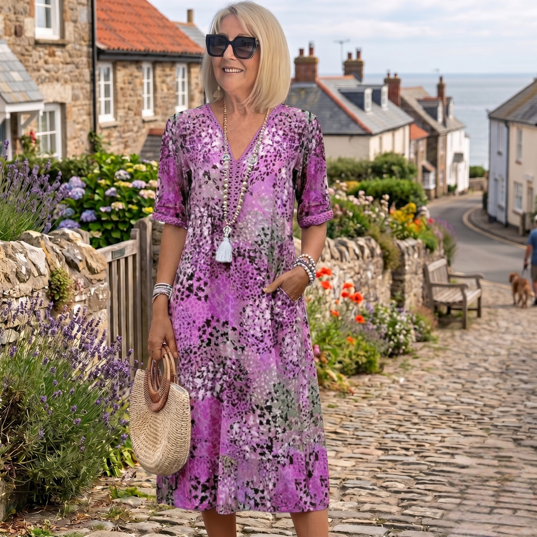 Sharon™ – Printed V-Neck Midi Dress