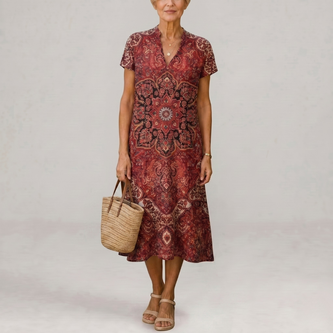 Earling | Floral Collared Short Sleeve Midi Dress