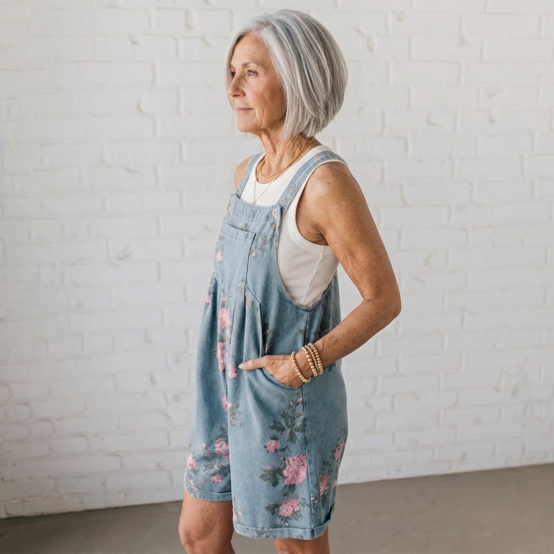 Emily-Vintage Floral Printed Denim Jumpsuit