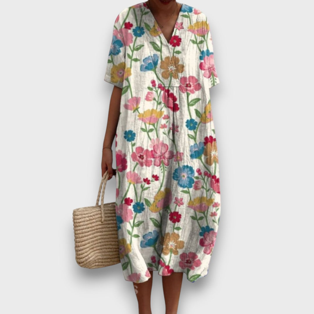 Miradie – Floral Midi Dress with V-Neck