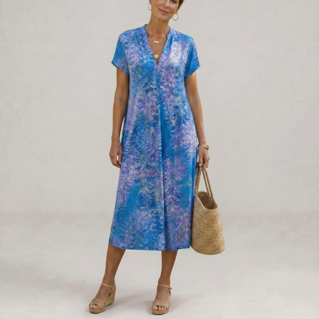 Earling | Floral Collared Short Sleeve Midi Dress