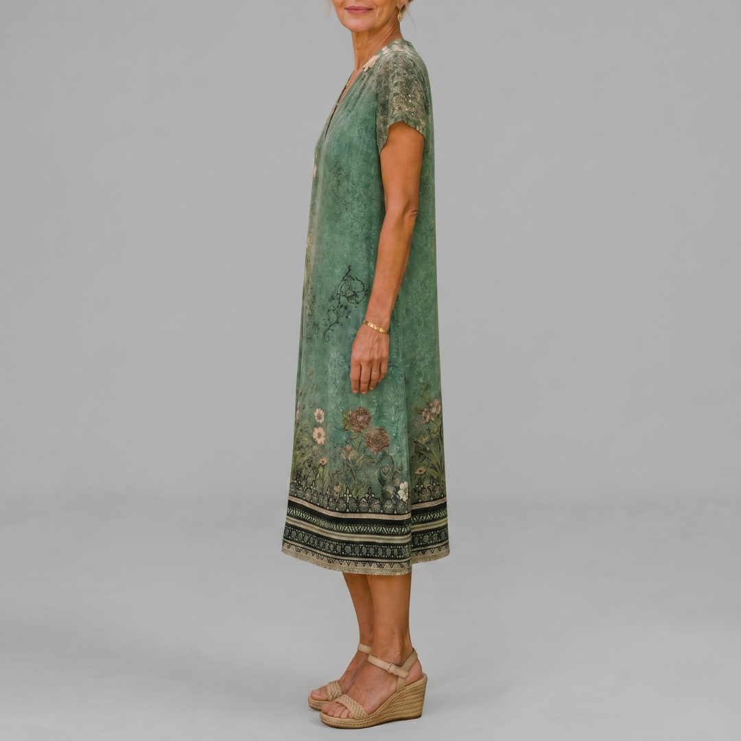 Earling | Floral Collared Short Sleeve Midi Dress