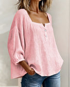 Fiona | Women's Square Neck Blouse 3/4 Puff Sleeve Button Top
