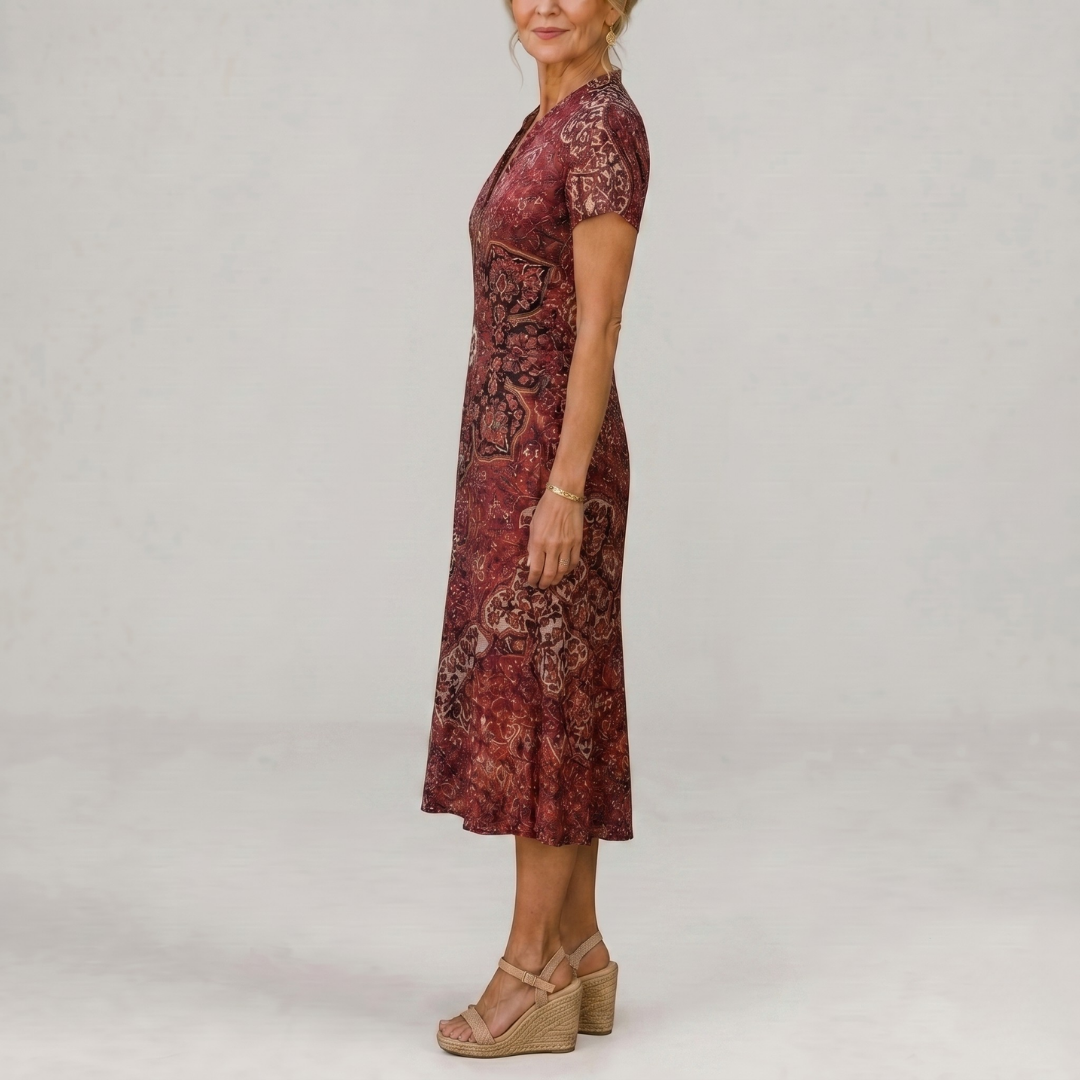Earling | Floral Collared Short Sleeve Midi Dress