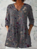 Women's Flowers Art Print Casual Linen V-neck Shirt