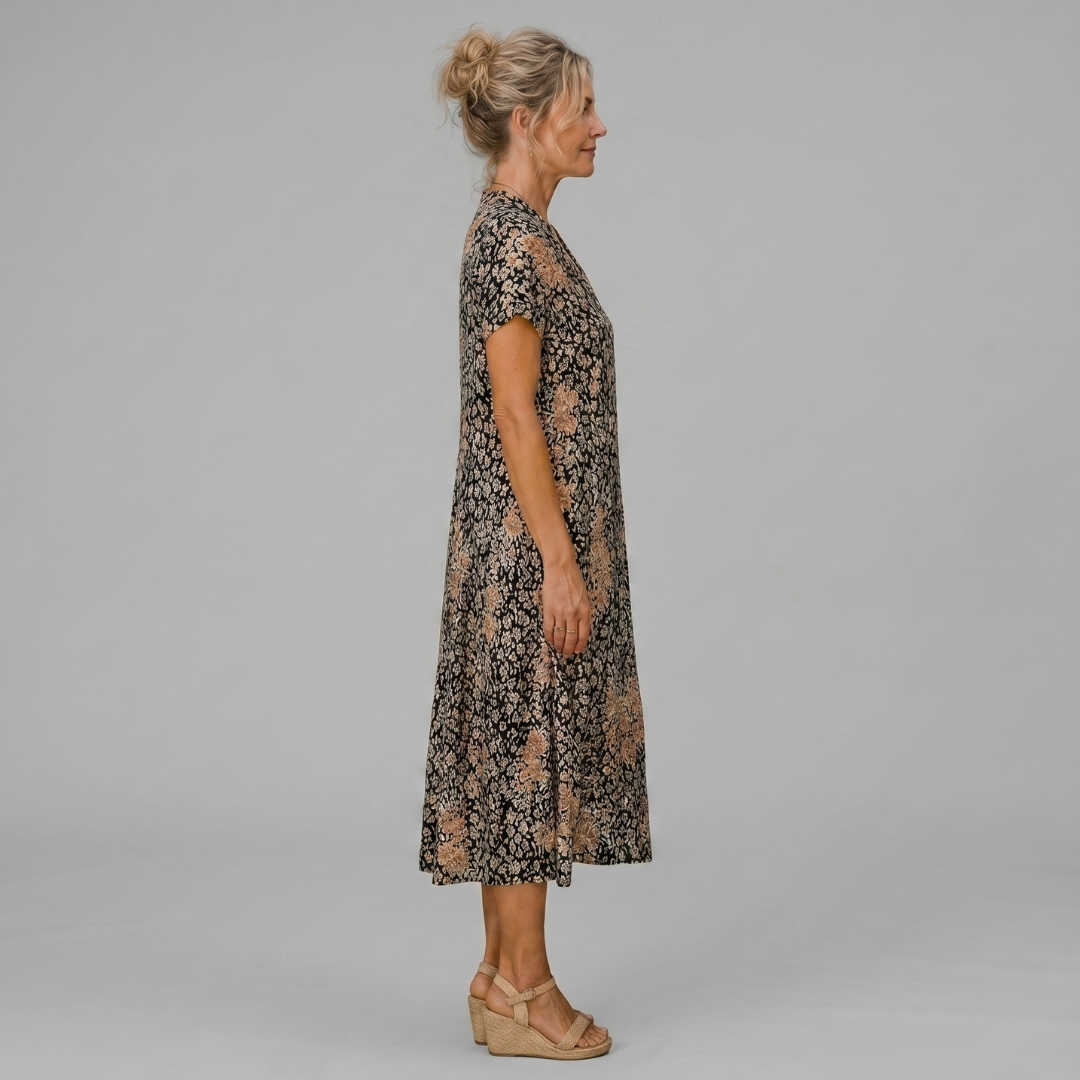 Earling | Floral Collared Short Sleeve Midi Dress