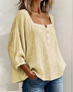 Fiona | Women's Square Neck Blouse 3/4 Puff Sleeve Button Top
