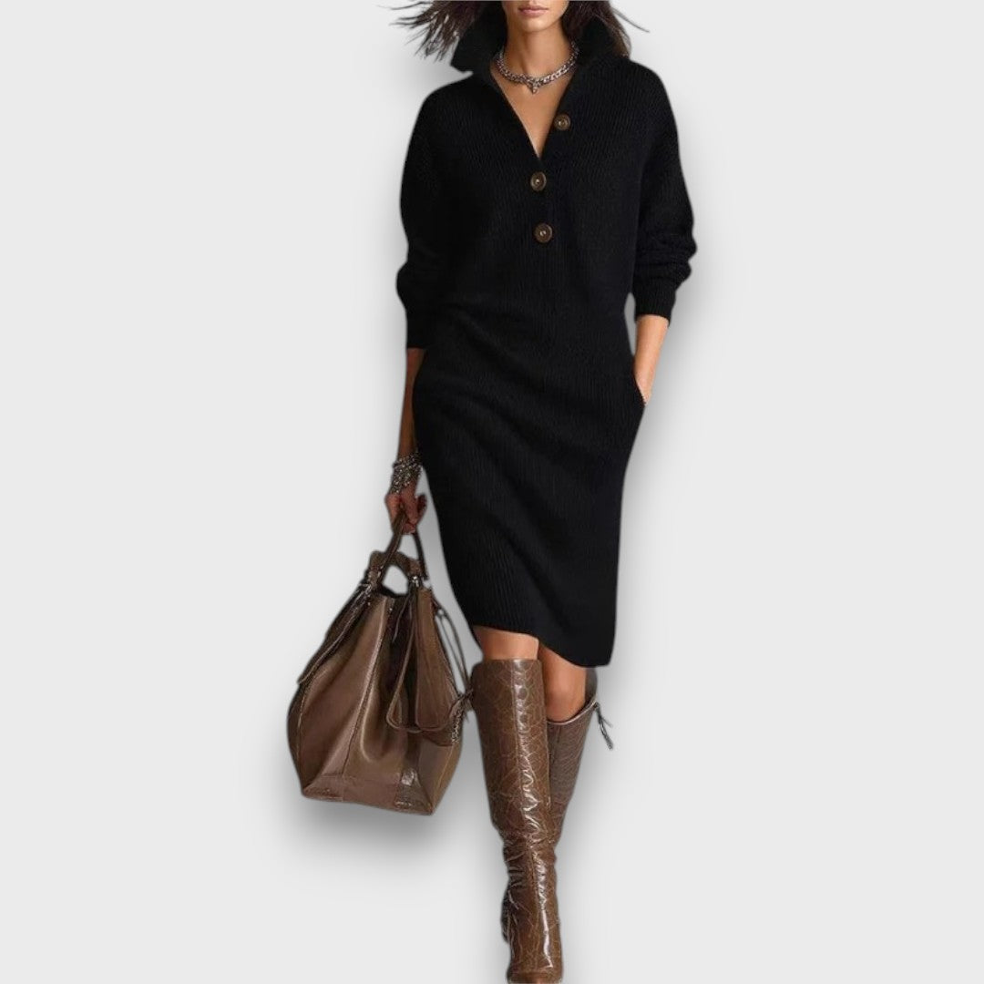 Scarleta – Elegant Knit Button-Collar Dress
