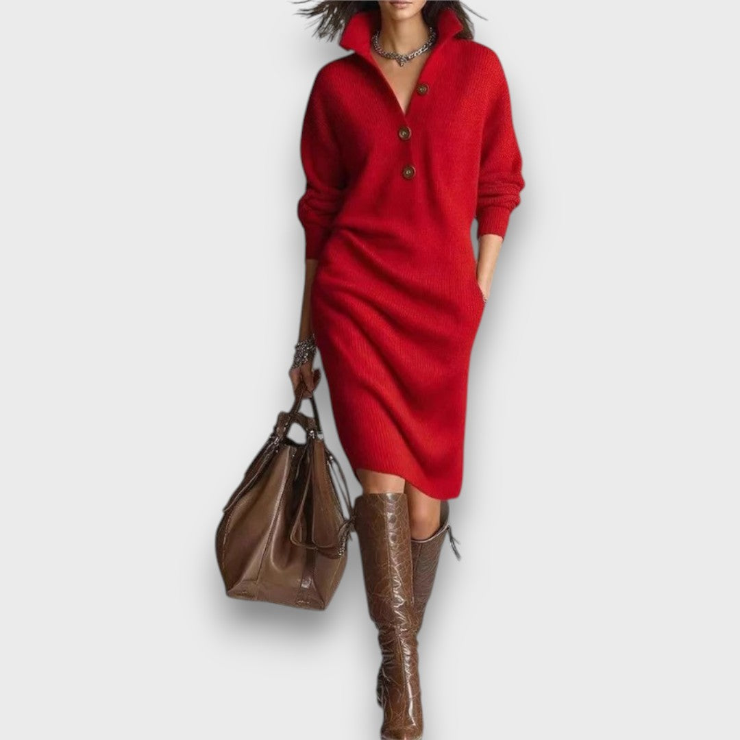 Scarleta – Elegant Knit Button-Collar Dress